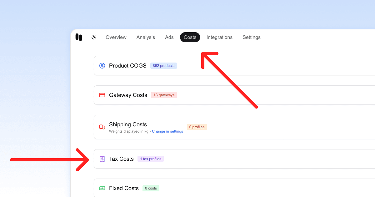 Profitone dashboard with Tax section highlighted