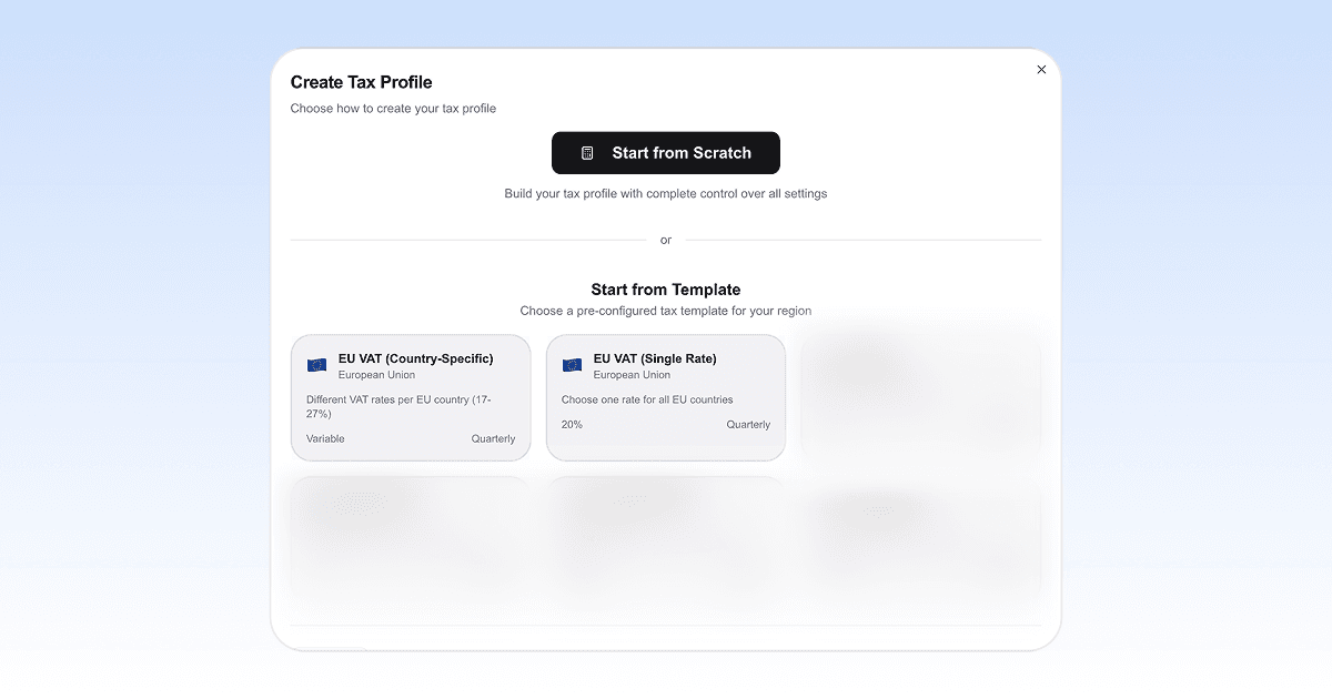 Template selection showing EU VAT options